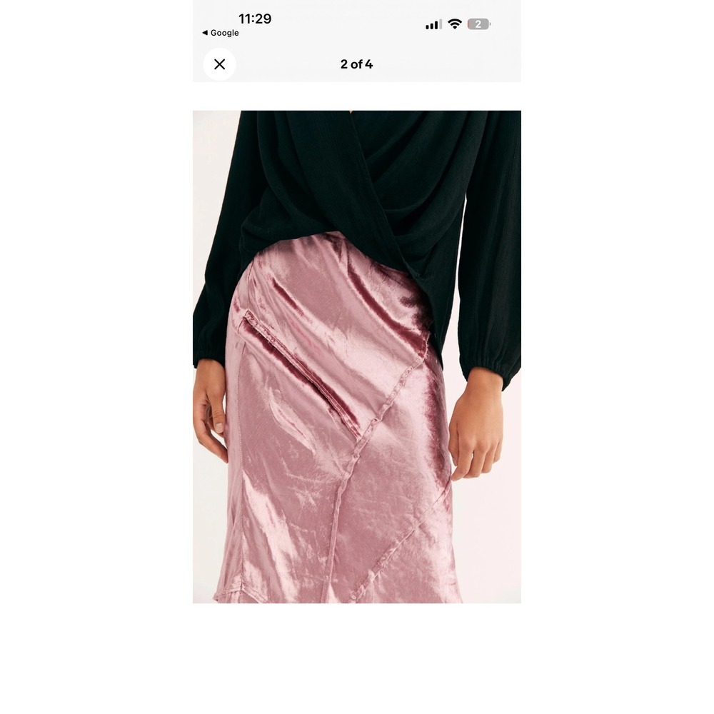 Free People Pink Viscose Crushed Velvet Look Midi Skirt Raw Edge Seam M